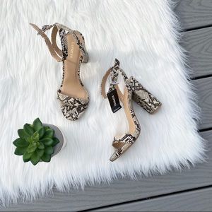 Express snakeprint open toe heels